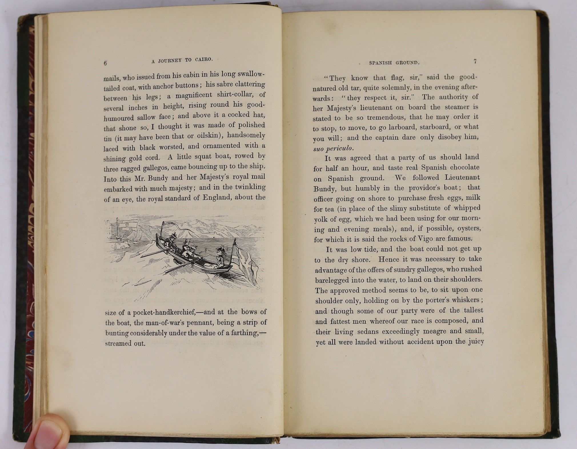(Thackeray, William Makepeace) Notes of a Journey from Cornhill to Grand Cairo.... By Mr. M. A. Titmarsh. First Edition. coloured lithographed frontis., text illus. and decorations; later 19th century gilt-ruled green ha